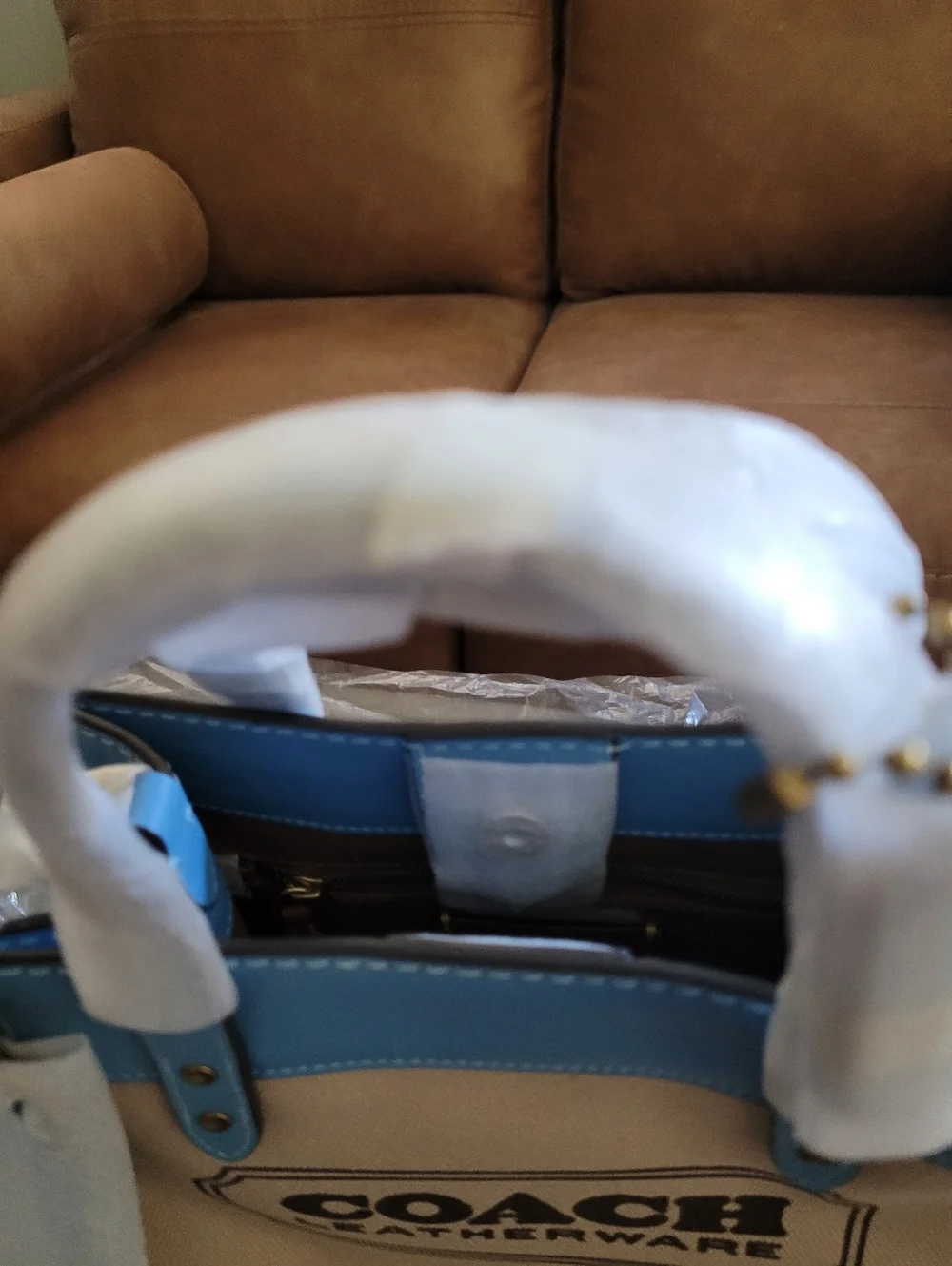 Brand New Coach Canvas Tote in Beige and Blue with Leather Trim. - Picture 6 of 7